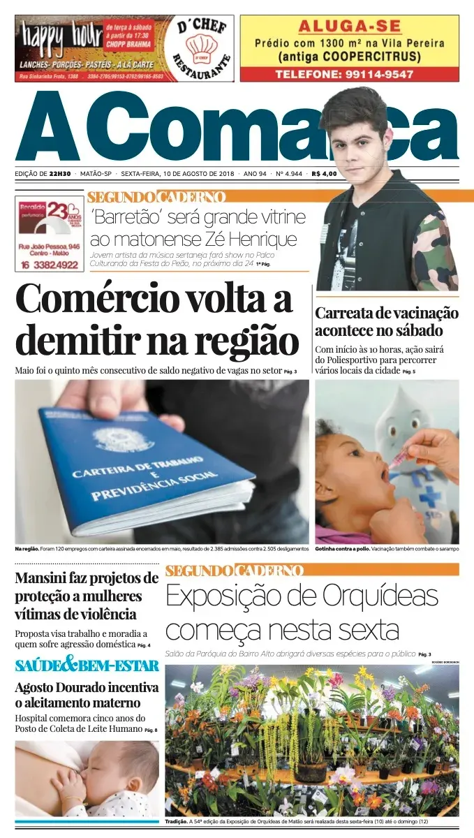 Primeira página da edição 4944 de A Comarca, 10 de agosto de 2018