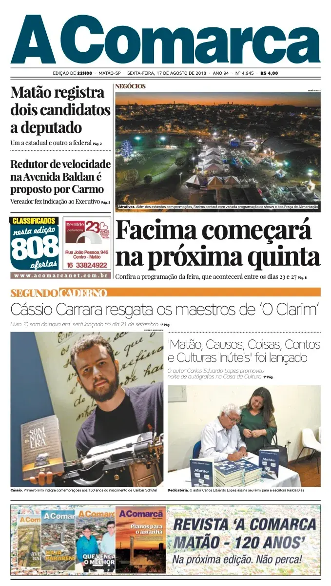 Primeira página da edição 4945 de A Comarca, 17 de agosto de 2018