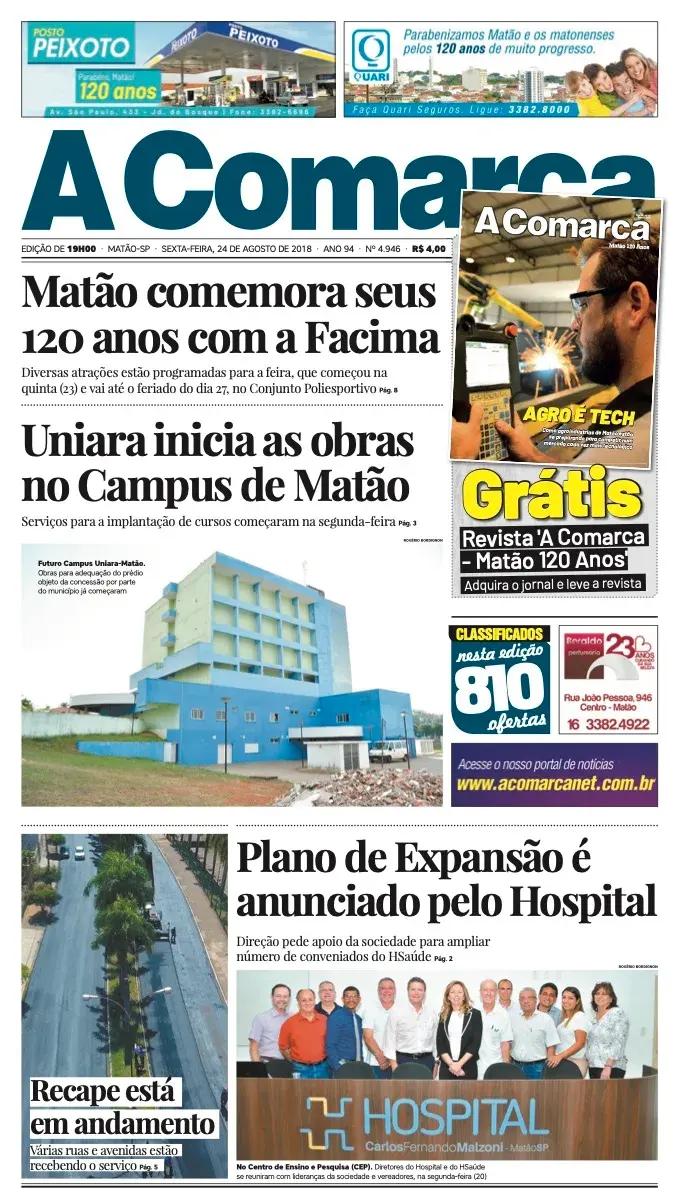 Primeira página da edição 4946 de A Comarca, 24 de agosto de 2018