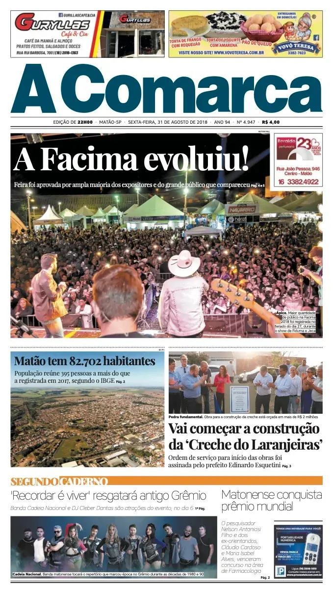 Primeira página da edição 4947 de A Comarca, 31 de agosto de 2018