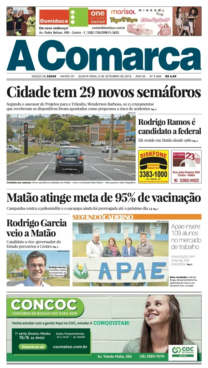 Primeira página da edição 4948 de A Comarca, 6 de setembro de 2018