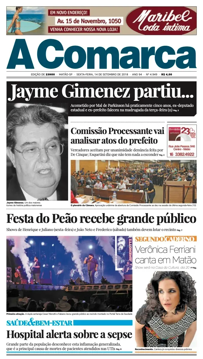 Primeira página da edição 4949 de A Comarca, 14 de setembro de 2018