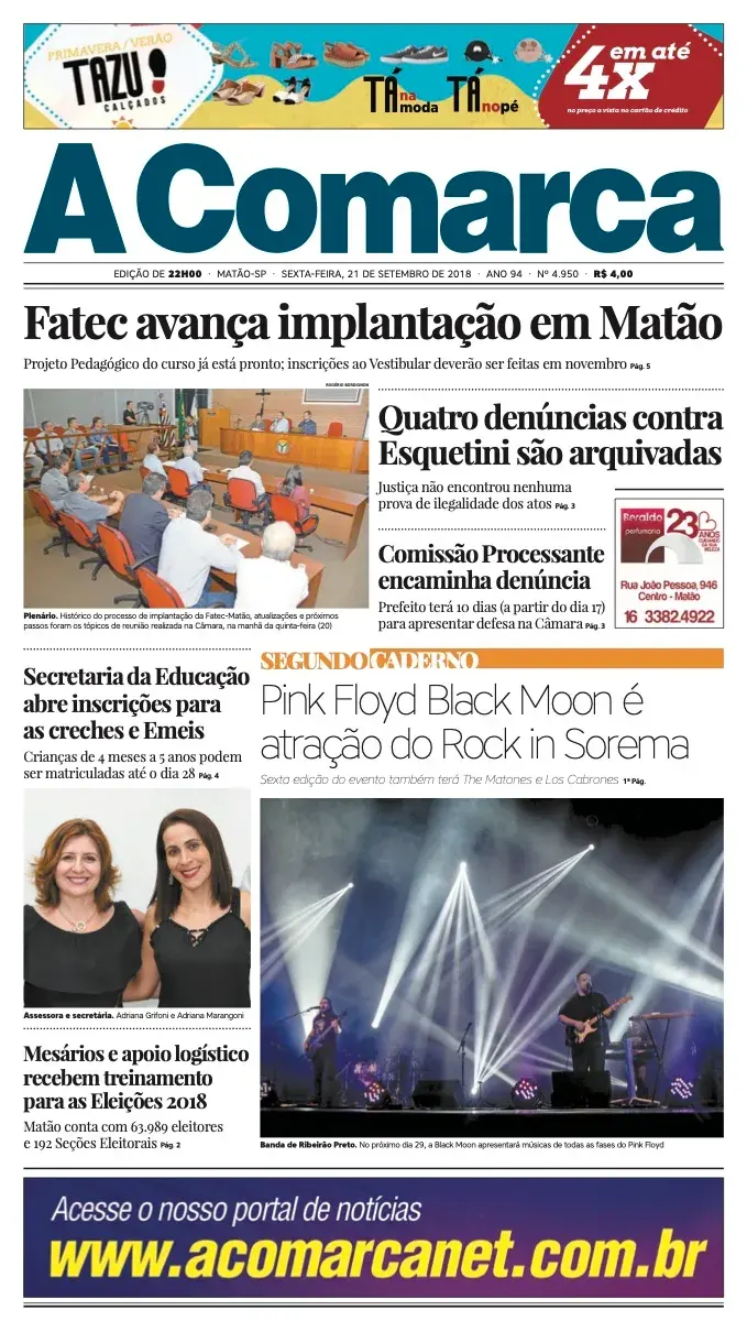 Primeira página da edição 4950 de A Comarca, 21 de setembro de 2018