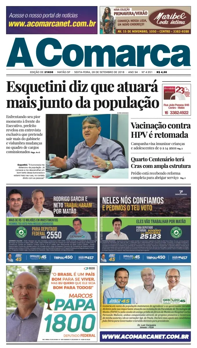 Primeira página da edição 4951 de A Comarca, 28 de setembro de 2018