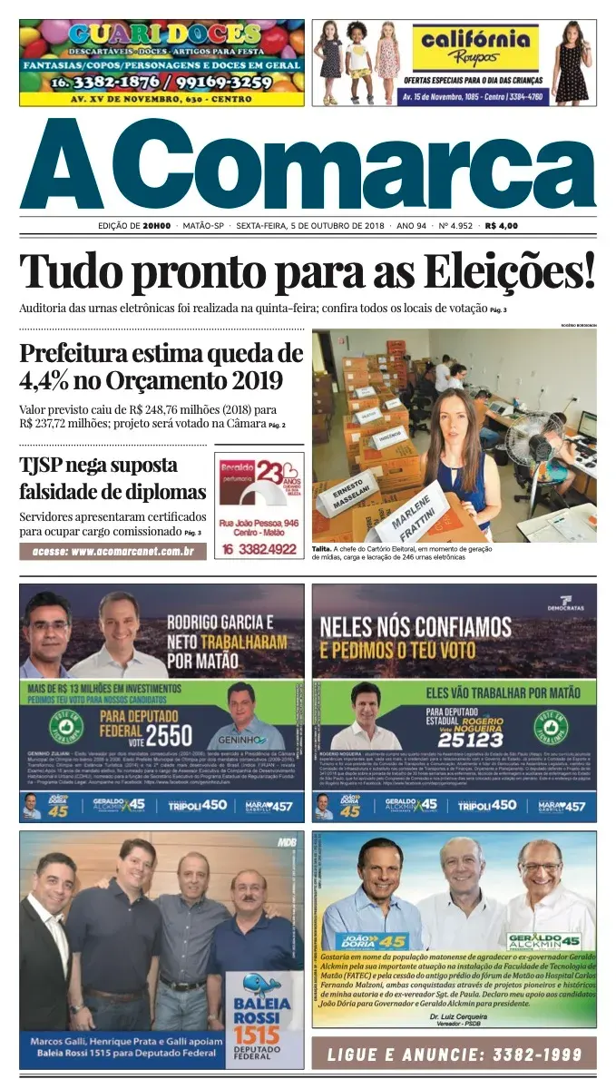 Primeira página da edição 4952 de A Comarca, 5 de outubro de 2018