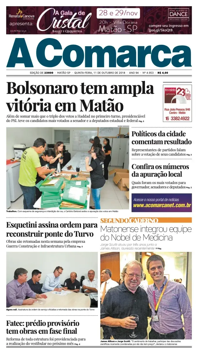 Primeira página da edição 4953 de A Comarca, 11 de outubro de 2018