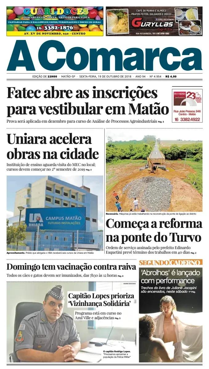 Primeira página da edição 4954 de A Comarca, 19 de outubro de 2018