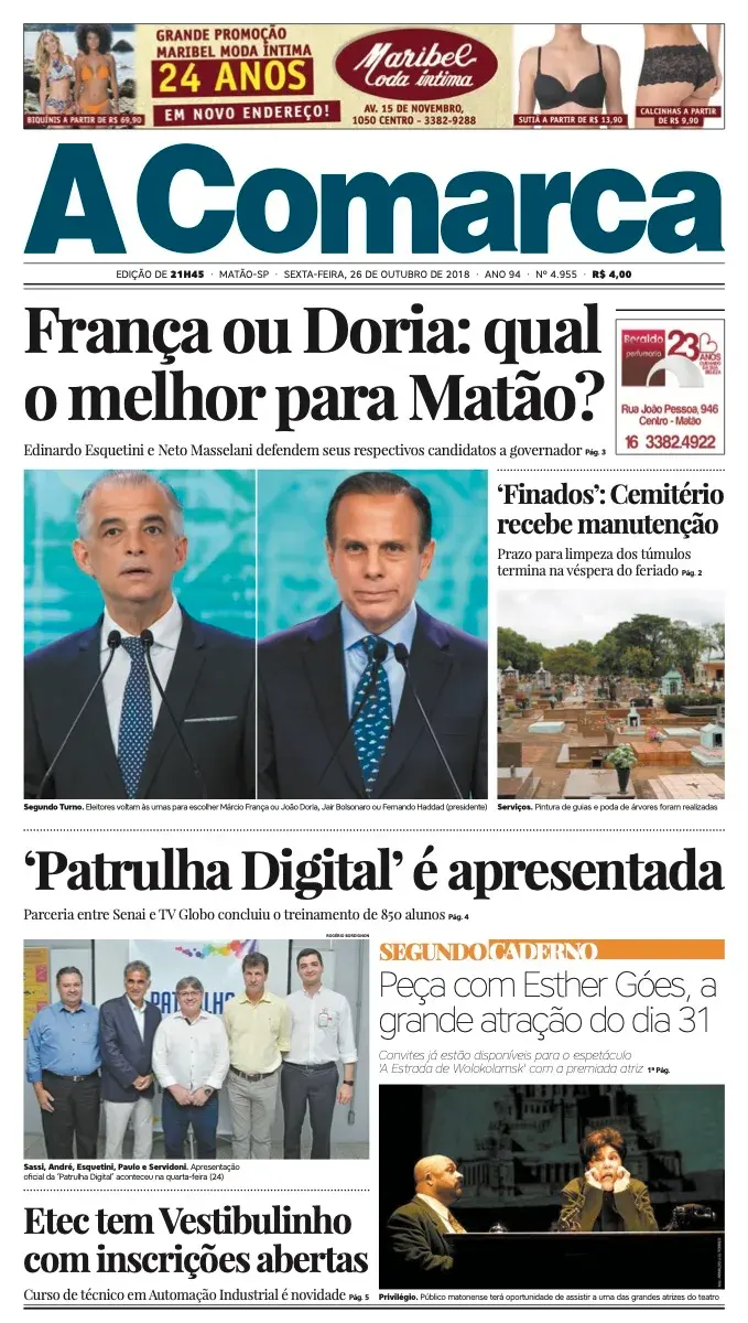 Primeira página da edição 4955 de A Comarca, 26 de outubro de 2018