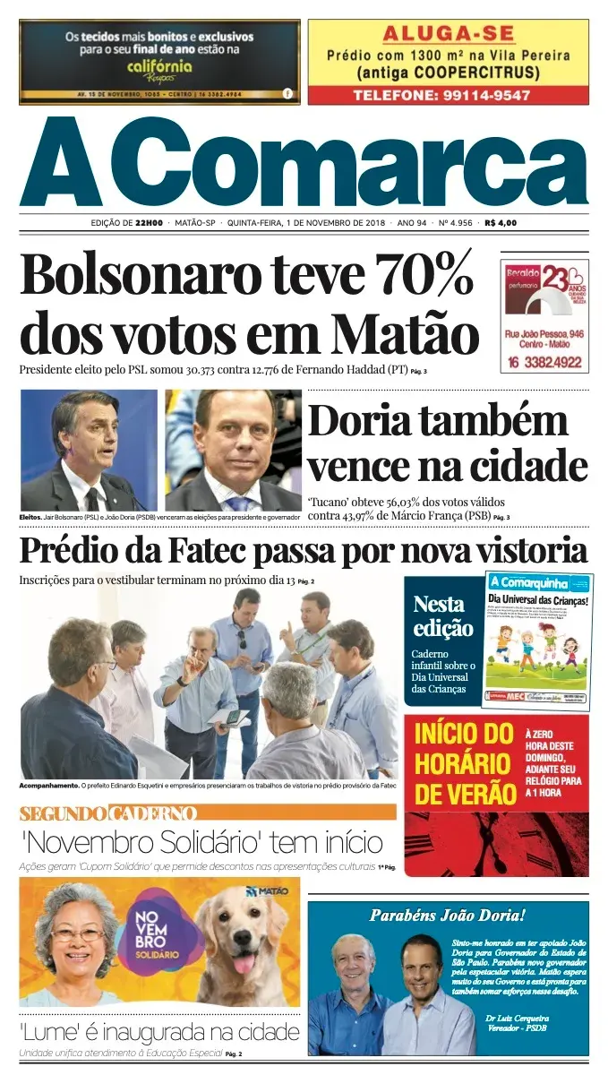 Primeira página da edição 4956 de A Comarca, 1 de novembro de 2018