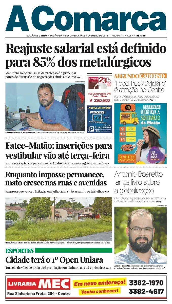 Primeira página da edição 4957 de A Comarca, 8 de novembro de 2018