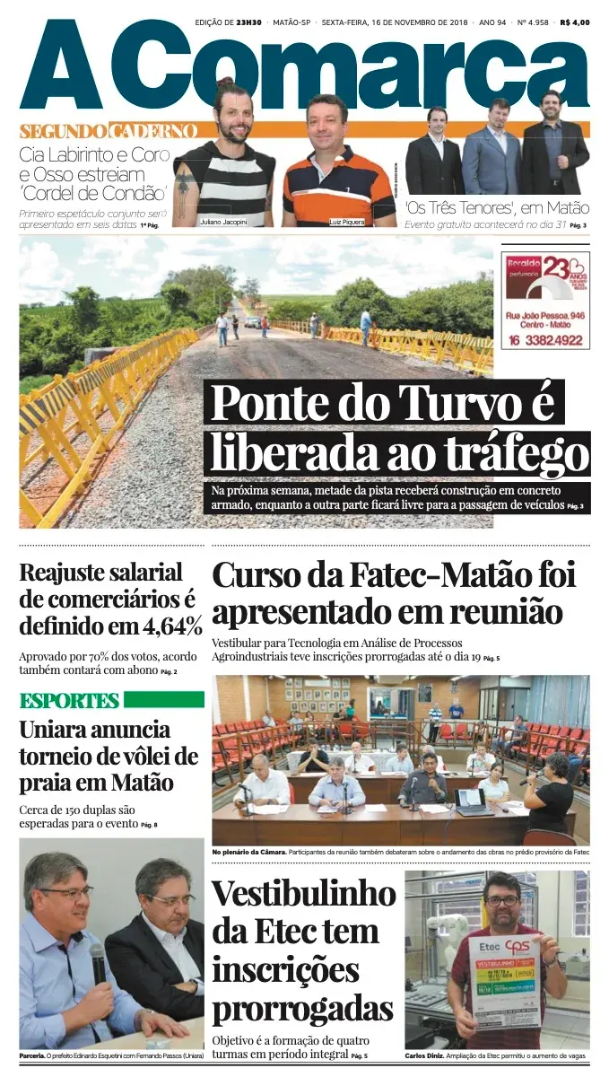 Primeira página da edição 4958 de A Comarca, 16 de novembro de 2018
