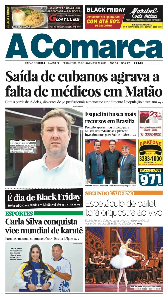 Primeira página da edição 4959 de A Comarca, 23 de novembro de 2018