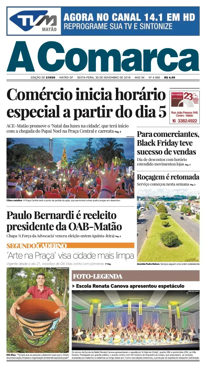 Primeira página da edição 4960 de A Comarca, 30 de novembro de 2018