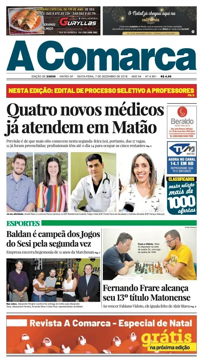 Primeira página da edição 4961 de A Comarca, 7 de dezembro de 2018