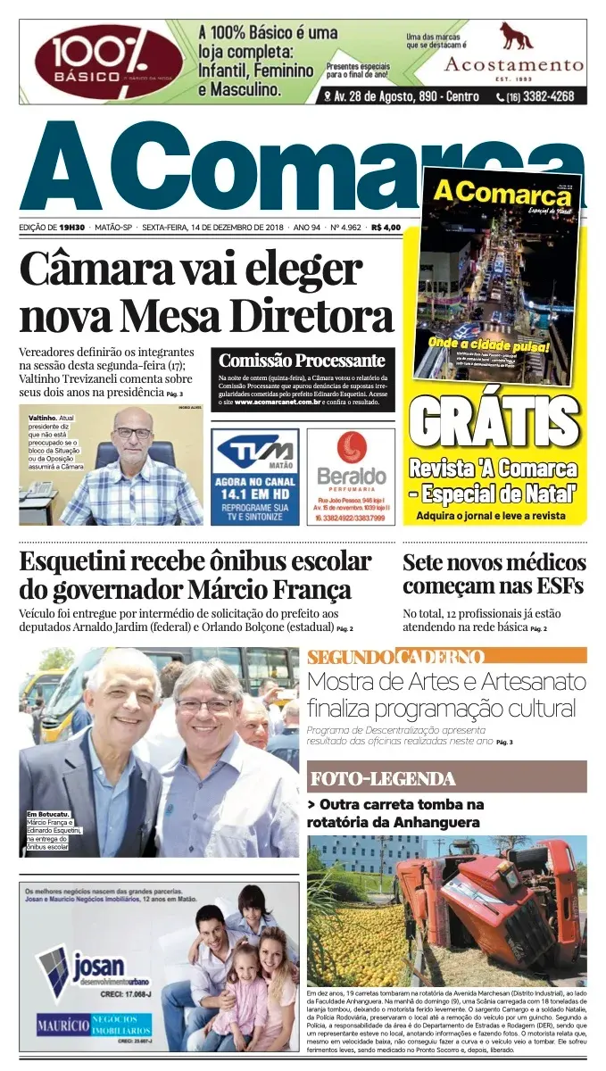 Primeira página da edição 4962 de A Comarca, 14 de dezembro de 2018