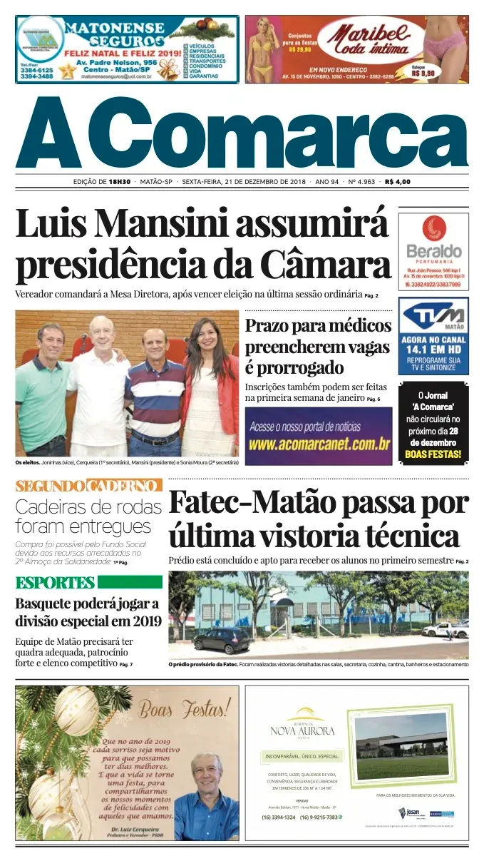 Primeira página da edição 4963 de A Comarca, 21 de dezembro de 2018