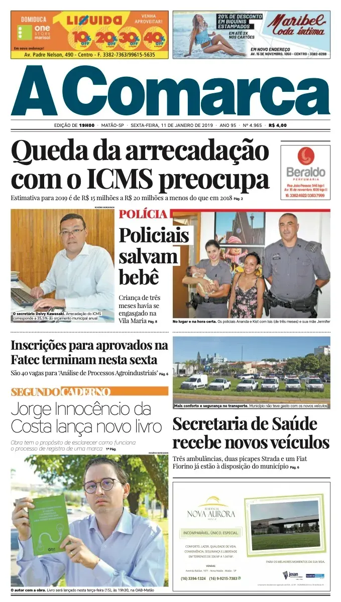 Primeira página da edição 4965 de A Comarca, 11 de janeiro de 2019