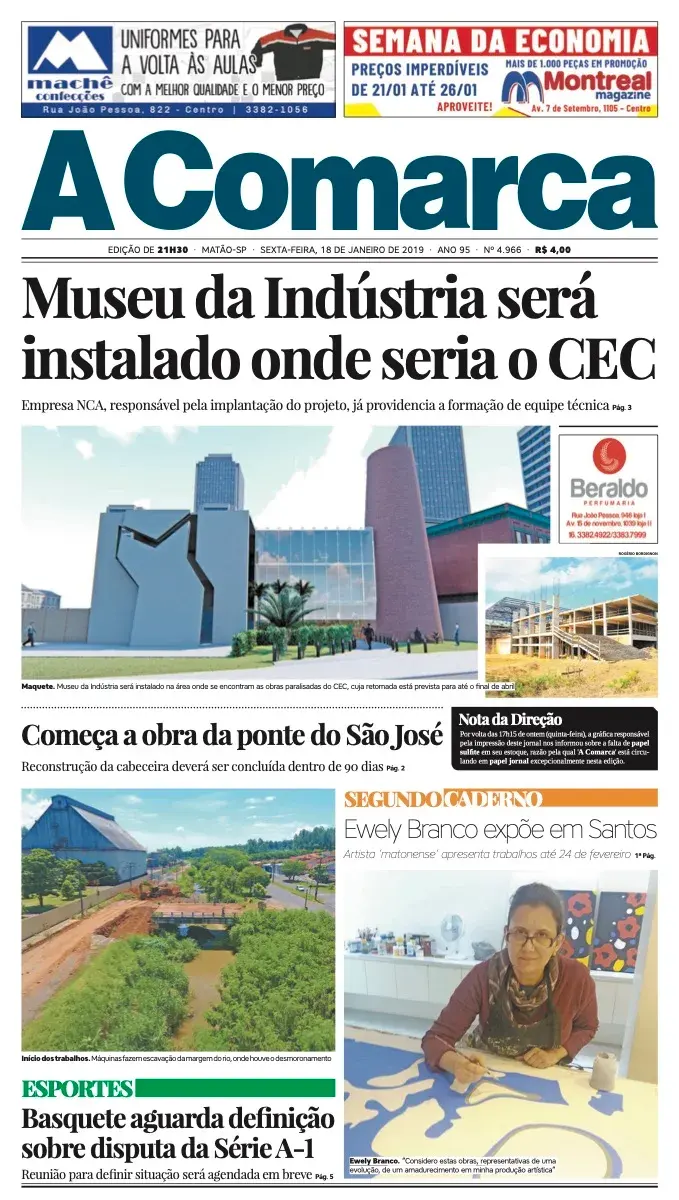 Primeira página da edição 4966 de A Comarca, 18 de janeiro de 2019