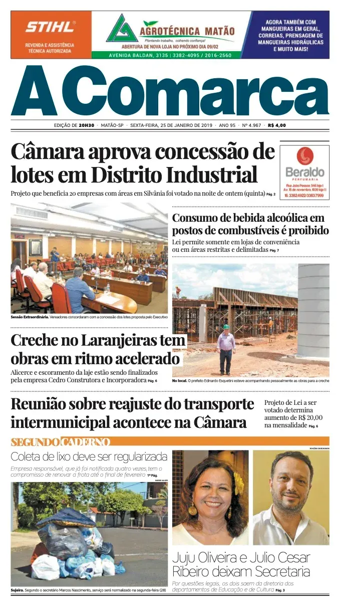 Primeira página da edição 4967 de A Comarca, 25 de janeiro de 2019