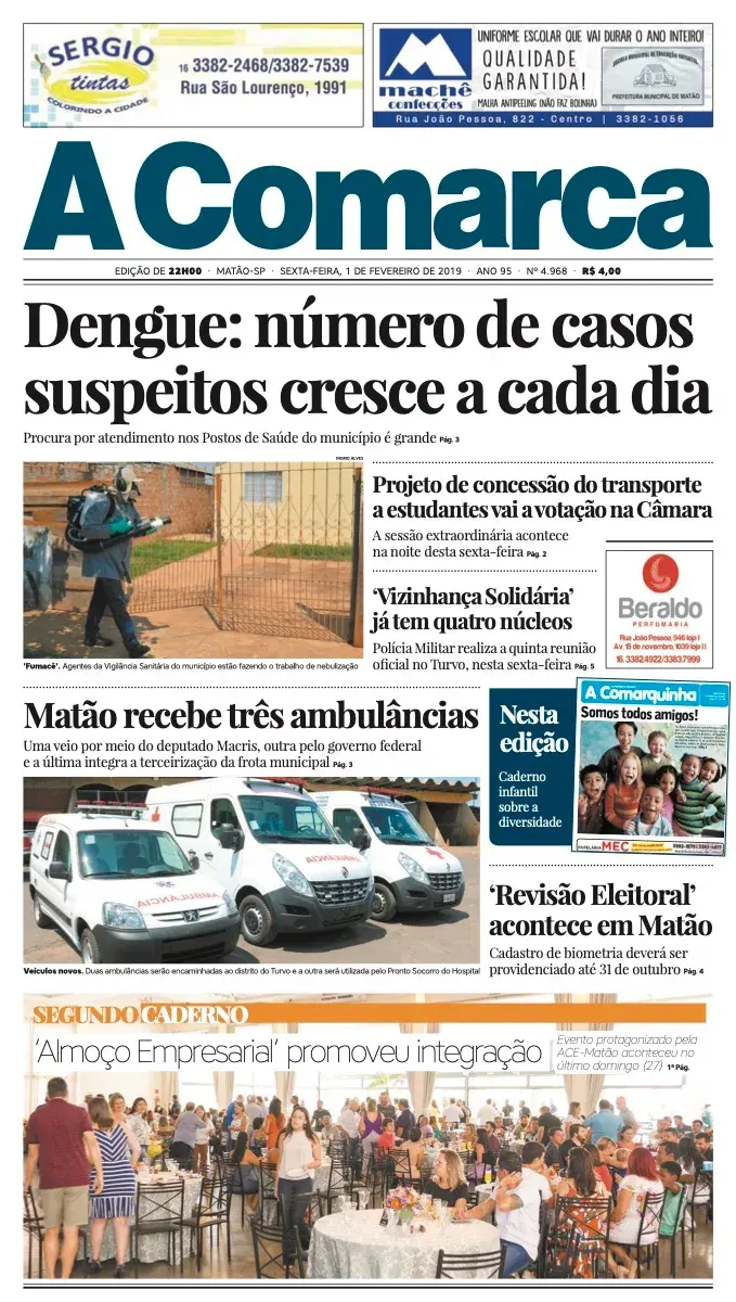 Primeira página da edição 4968 de A Comarca, 1 de fevereiro de 2019