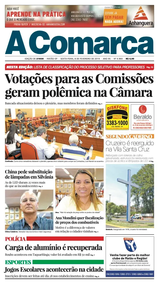 Primeira página da edição 4969 de A Comarca, 8 de fevereiro de 2019