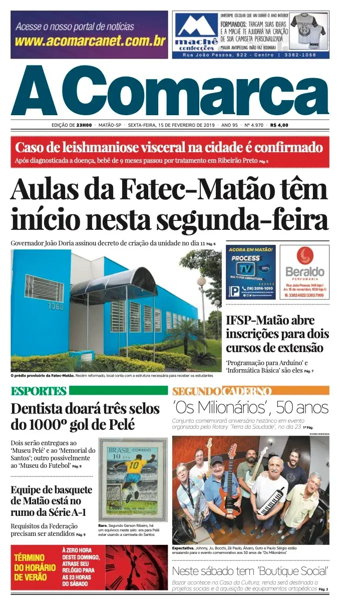 Primeira página da edição 4970 de A Comarca, 15 de fevereiro de 2019