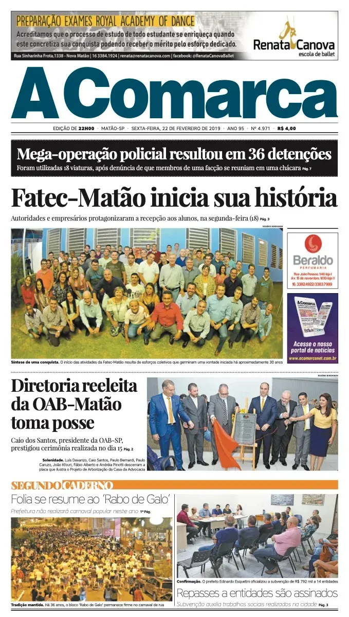 Primeira página da edição 4971 de A Comarca, 22 de fevereiro de 2019