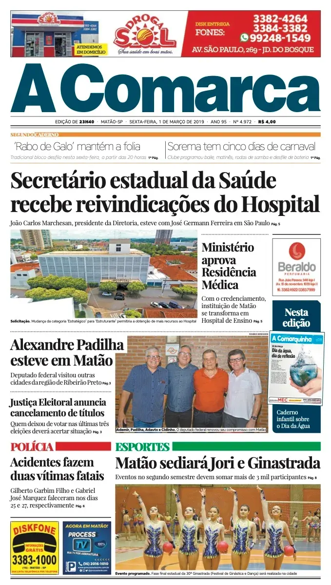 Primeira página da edição 4972 de A Comarca, 1 de março de 2019