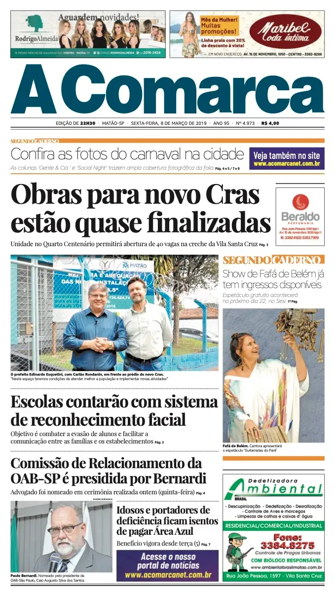Primeira página da edição 4973 de A Comarca, 8 de março de 2019