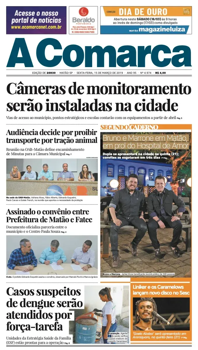 Primeira página da edição 4974 de A Comarca, 15 de março de 2019