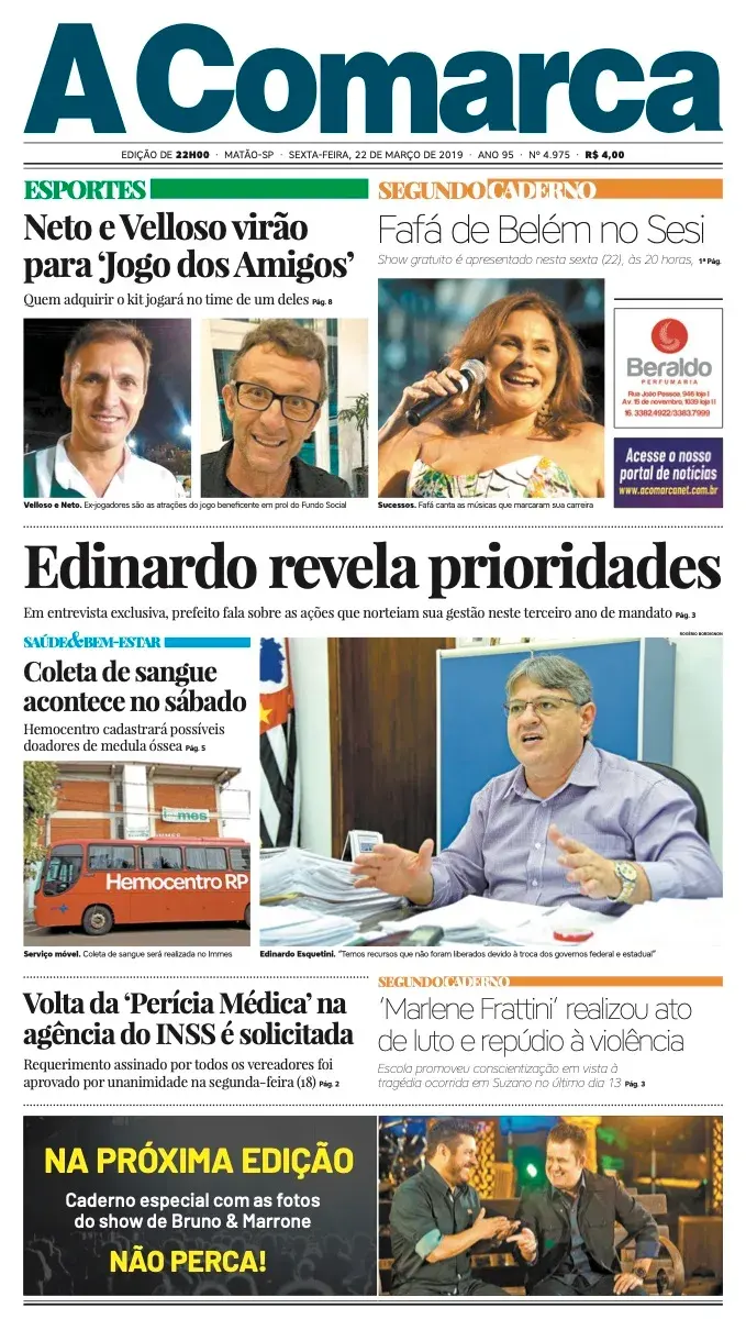 Primeira página da edição 4975 de A Comarca, 22 de março de 2019