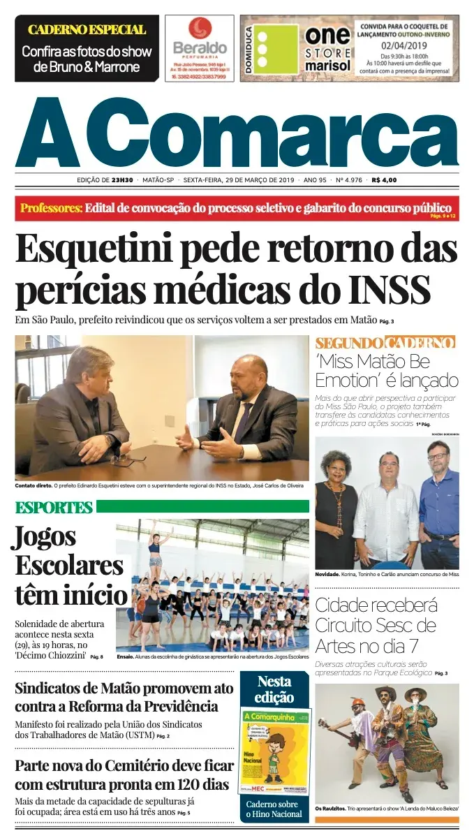Primeira página da edição 4976 de A Comarca, 29 de março de 2019