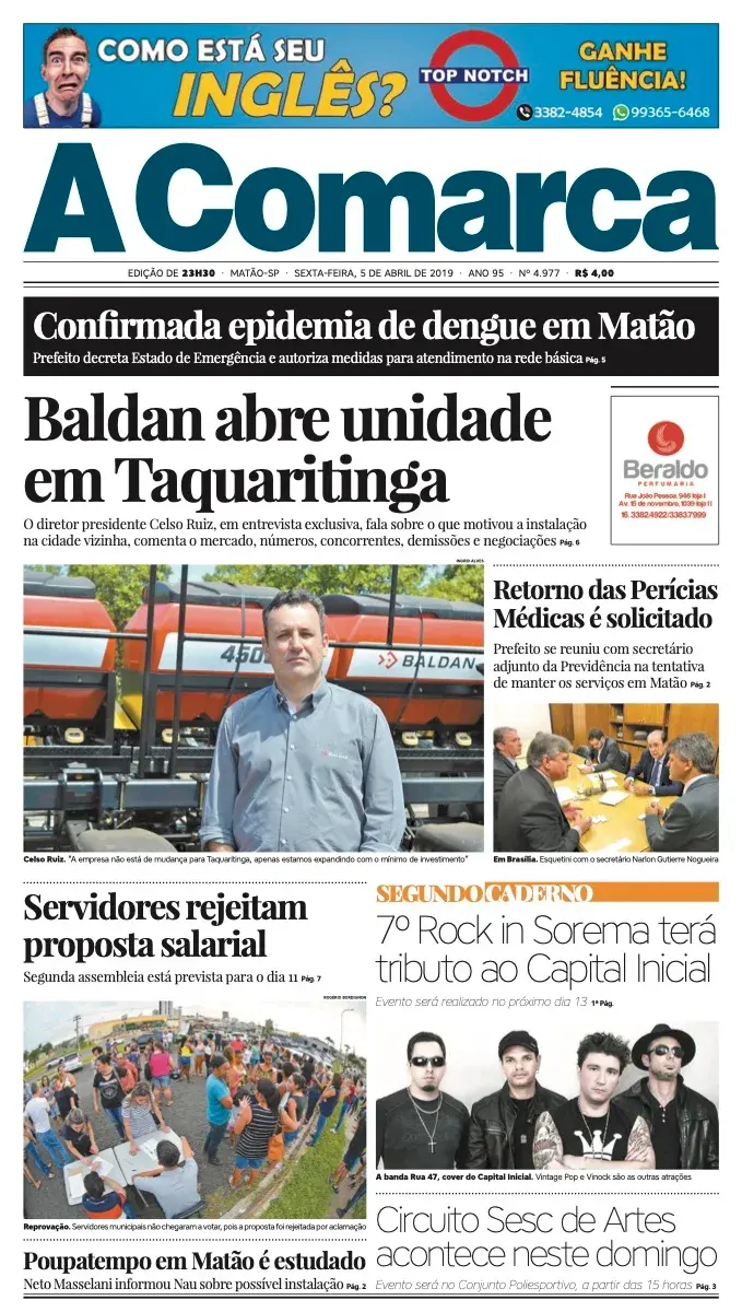 Primeira página da edição 4977 de A Comarca, 5 de abril de 2019