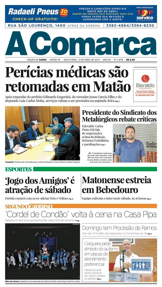 Primeira página da edição 4978 de A Comarca, 12 de abril de 2019