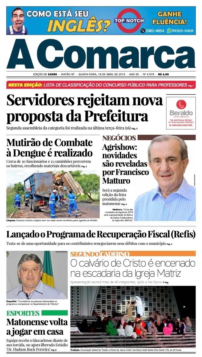 Primeira página da edição 4979 de A Comarca, 18 de abril de 2019