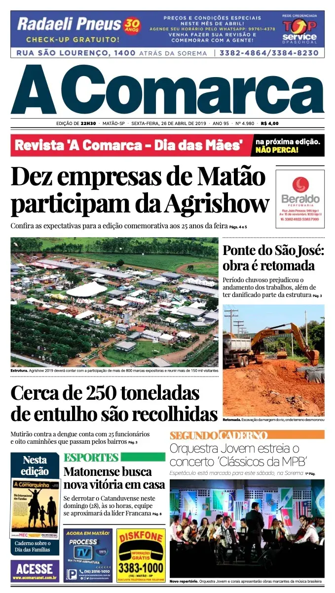 Primeira página da edição 4980 de A Comarca, 26 de abril de 2019