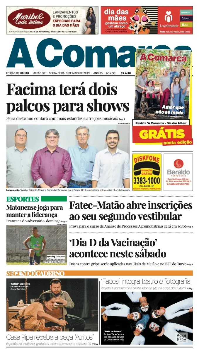 Primeira página da edição 4981 de A Comarca, 3 de maio de 2019