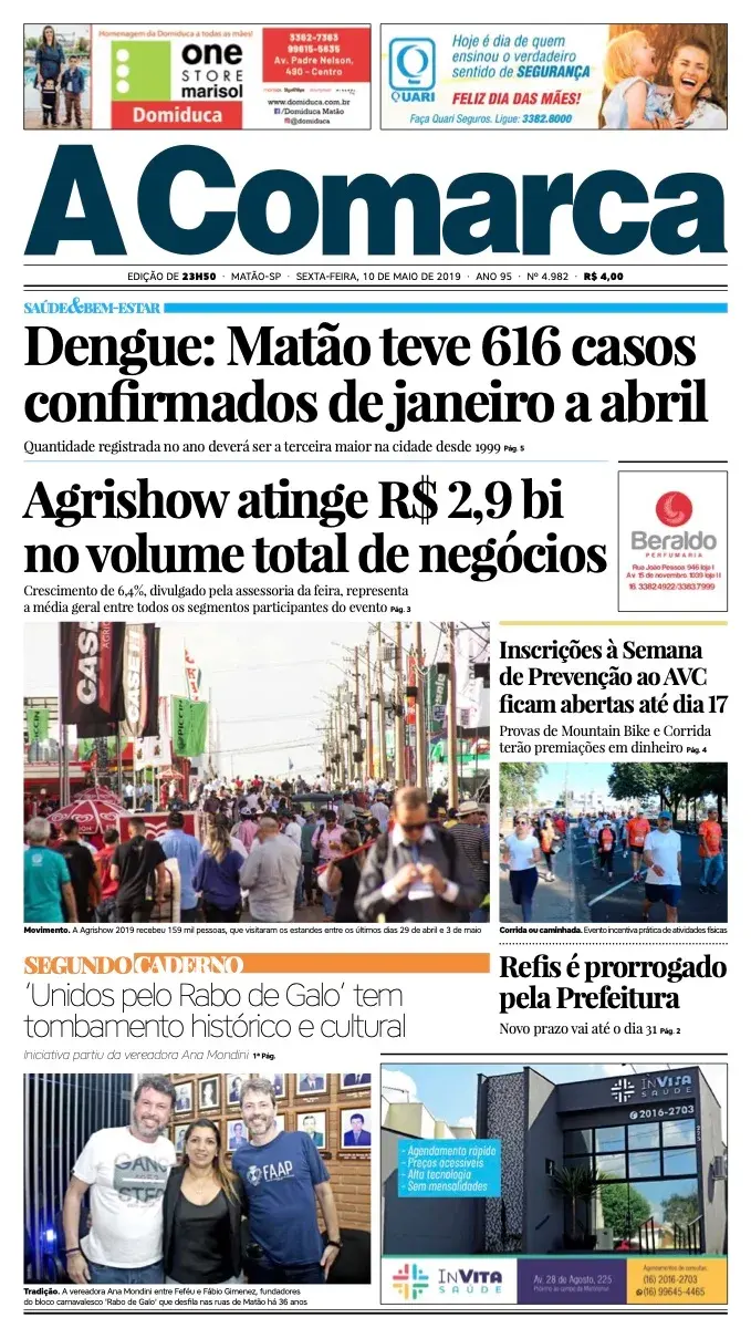 Primeira página da edição 4982 de A Comarca, 10 de maio de 2019