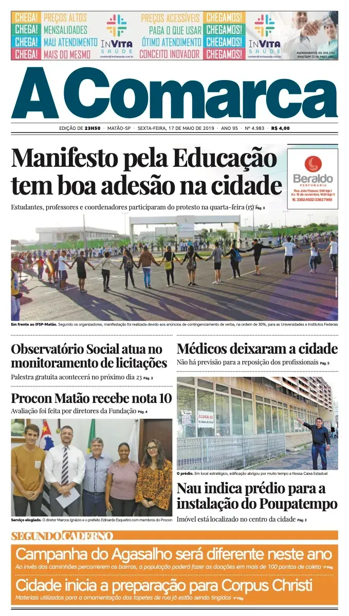 Primeira página da edição 4983 de A Comarca, 17 de maio de 2019