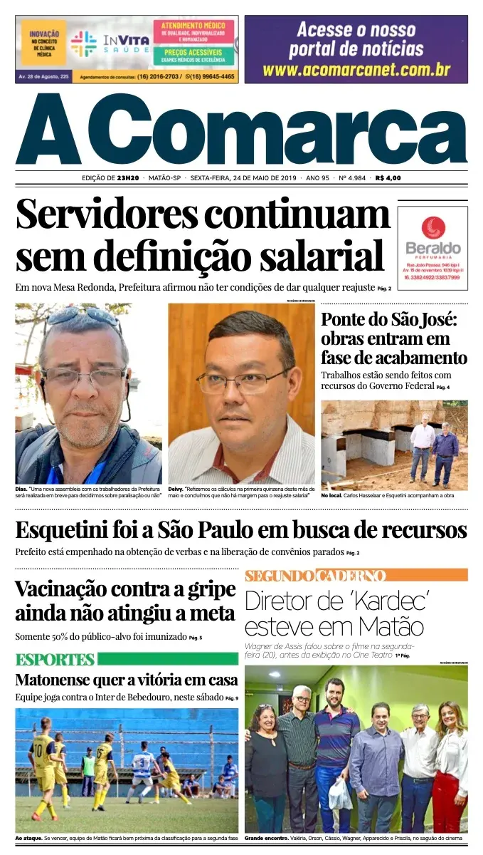 Primeira página da edição 4984 de A Comarca, 24 de maio de 2019