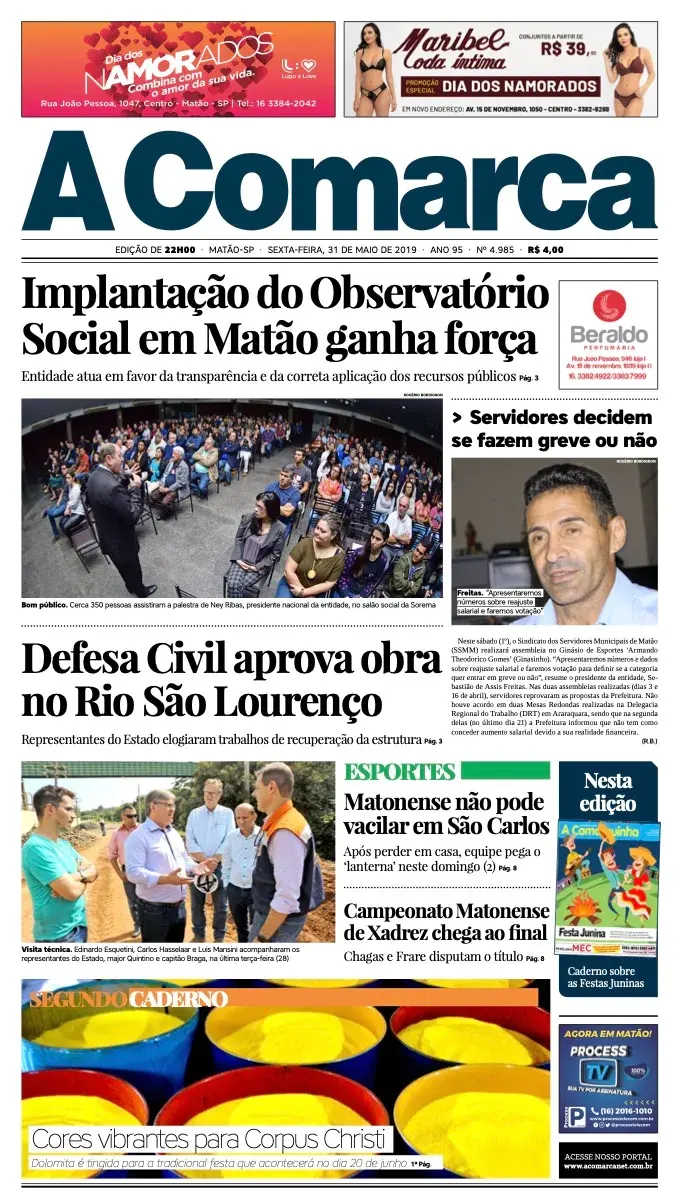 Primeira página da edição 4985 de A Comarca, 31 de maio de 2019