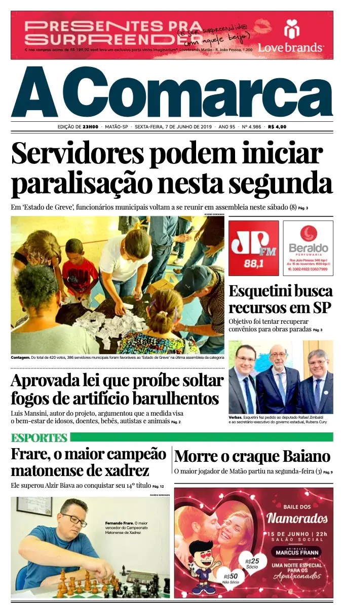 Primeira página da edição 4986 de A Comarca, 7 de junho de 2019