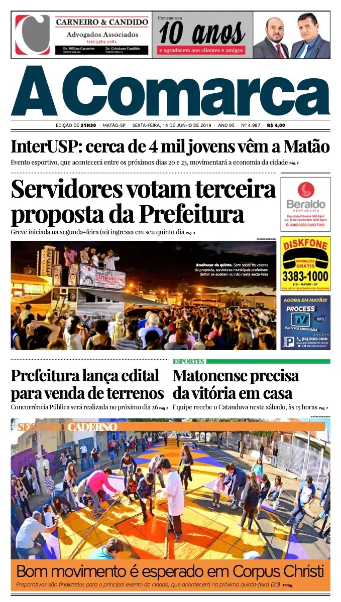 Primeira página da edição 4987 de A Comarca, 14 de junho de 2019