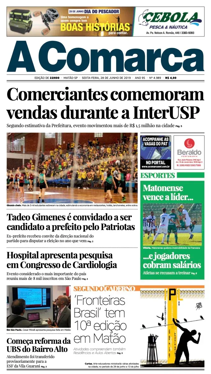 Primeira página da edição 4989 de A Comarca, 28 de junho de 2019
