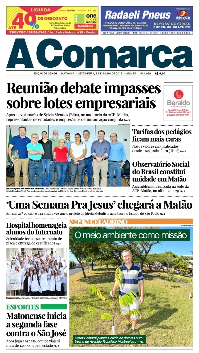 Primeira página da edição 4990 de A Comarca, 5 de julho de 2019