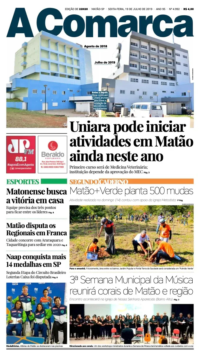 Primeira página da edição 4992 de A Comarca, 19 de julho de 2019