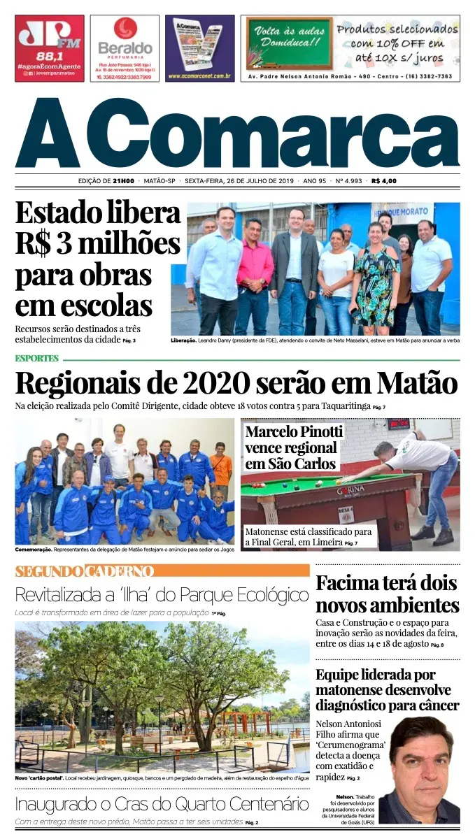 Primeira página da edição 4993 de A Comarca, 26 de julho de 2019