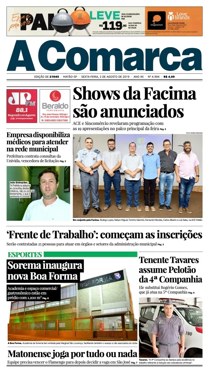 Primeira página da edição 4994 de A Comarca, 2 de agosto de 2019