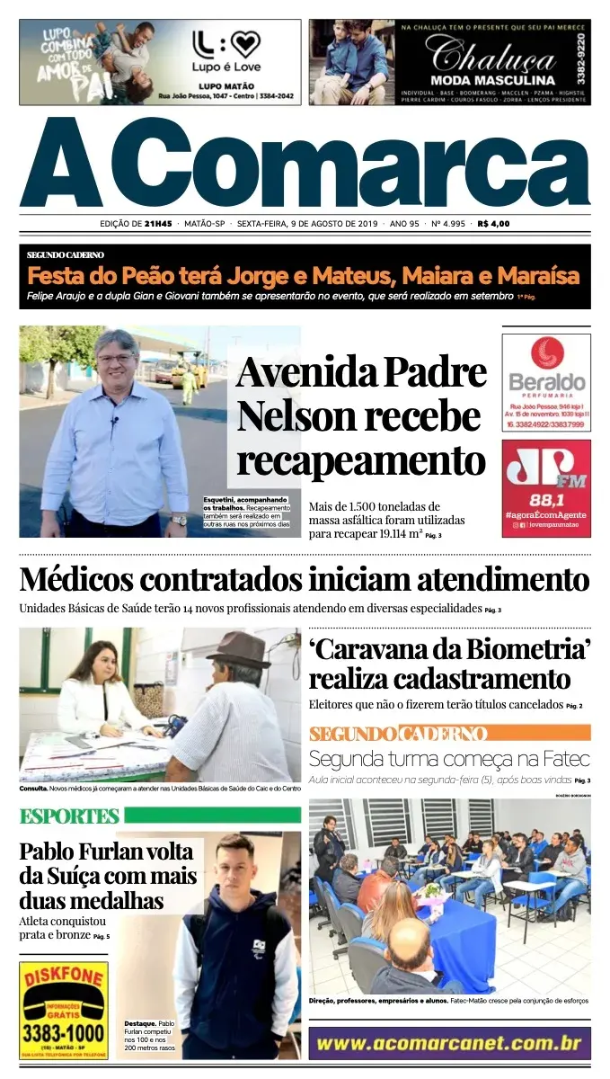 Primeira página da edição 4995 de A Comarca, 9 de agosto de 2019