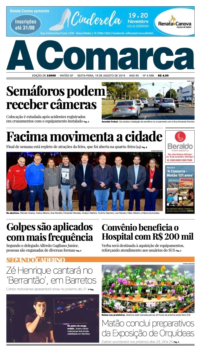 Primeira página da edição 4996 de A Comarca, 16 de agosto de 2019